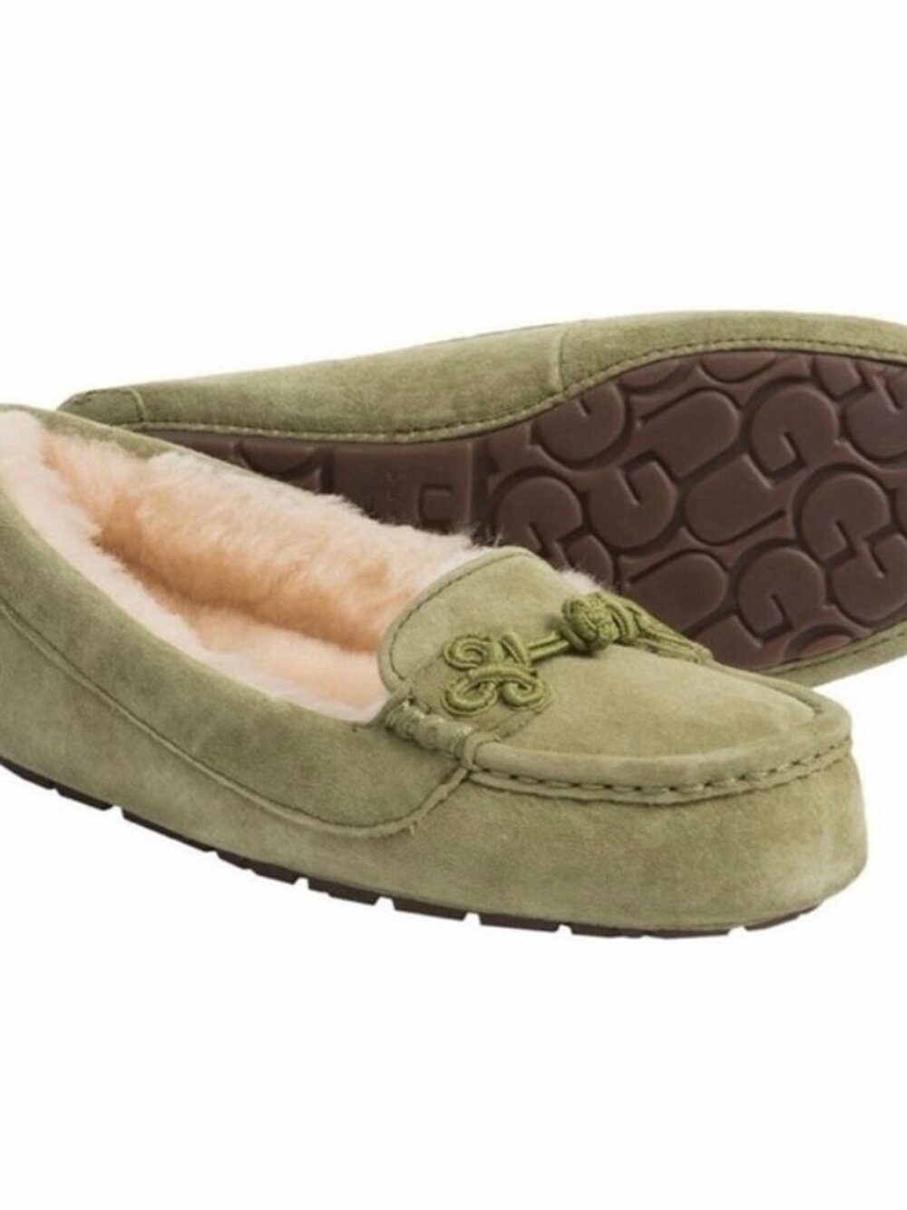 UGG Australia Suzuki Moccasin Slippers Olive Suede Womens Size 6 Fur Lined